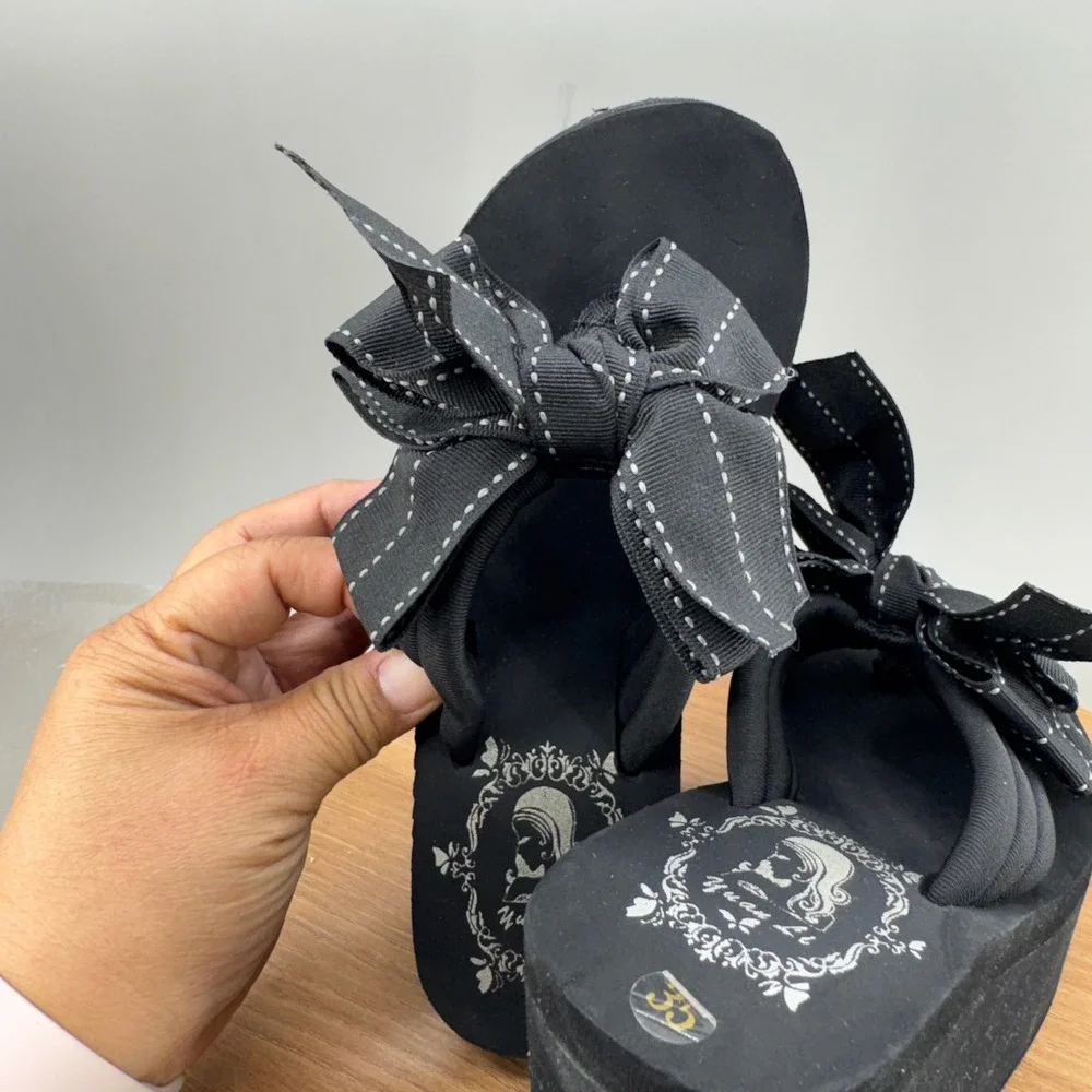 Yuan Li Platform Wedge Bow Sandals Thong Womens 35 5 Black Y2K Coquette Goth